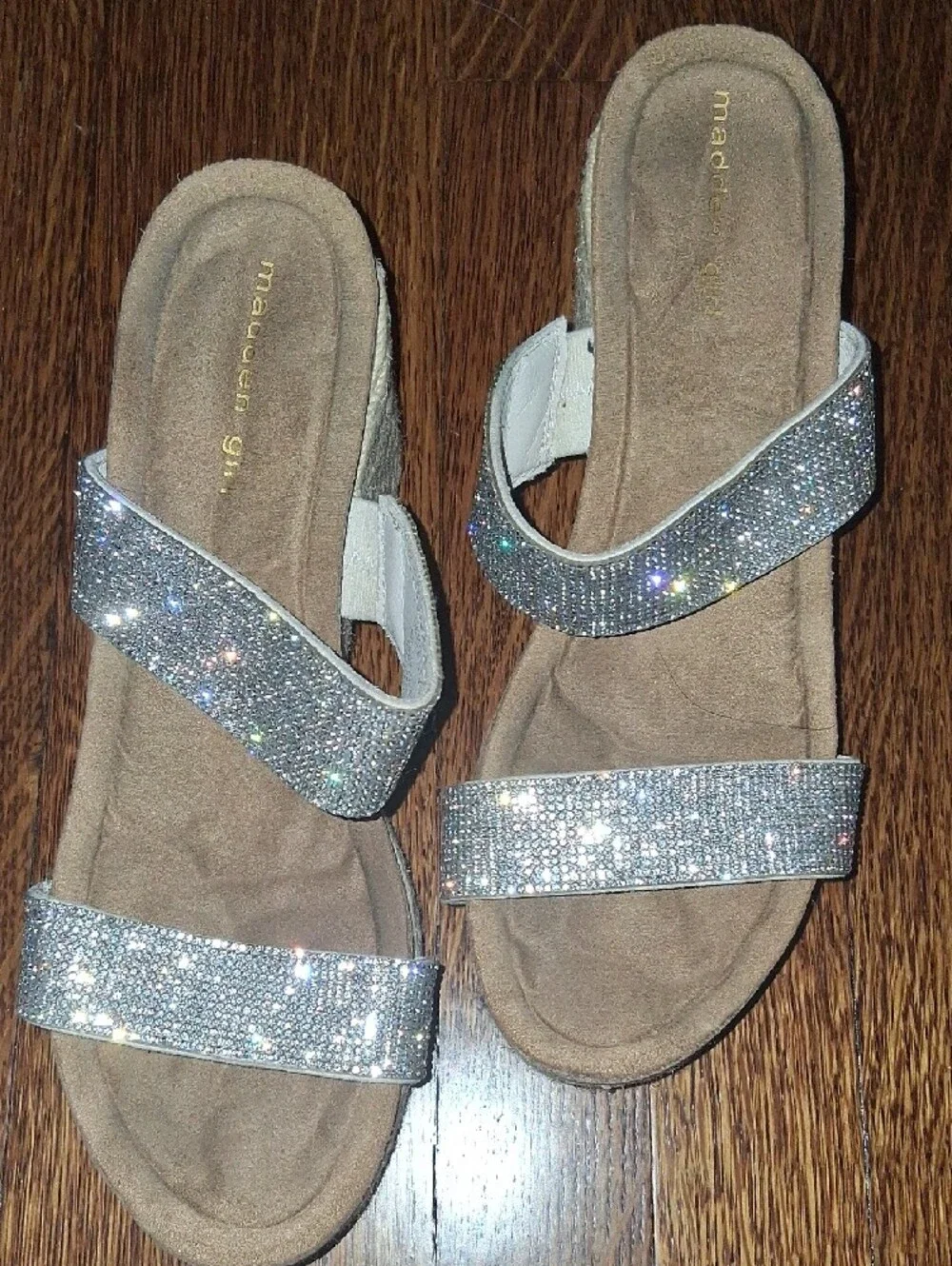 Madden Girl Silver Crystal Double-Strap Braided Wedge Sandals